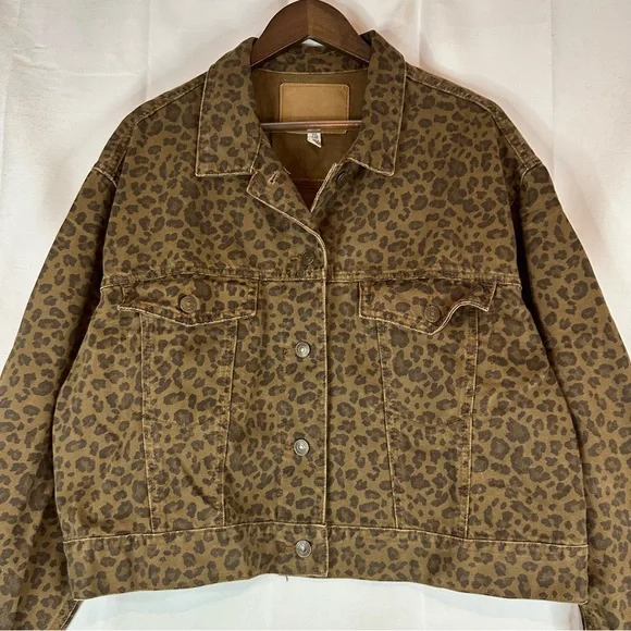 AMERICAN EAGLE Women’s Size XXL Denim Jean Jacket Coat Leopard Print Trucker - Picture 5 of 16
